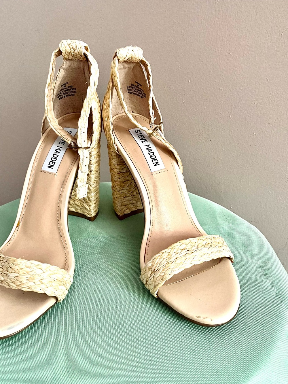 Steve Madden Women's Cream Braided Block Heel Sandals